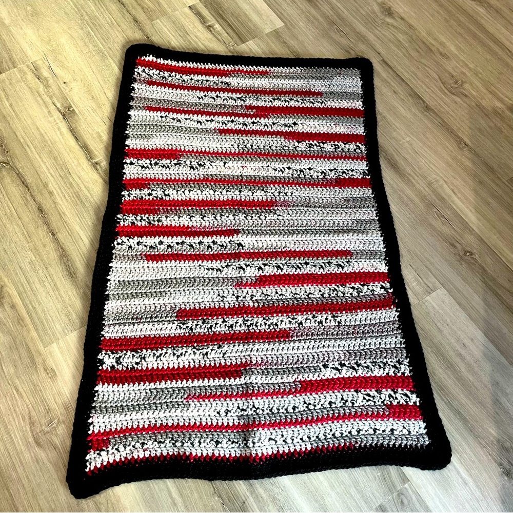 New Handmade Crochet Black, Gray, & Red Blanket
